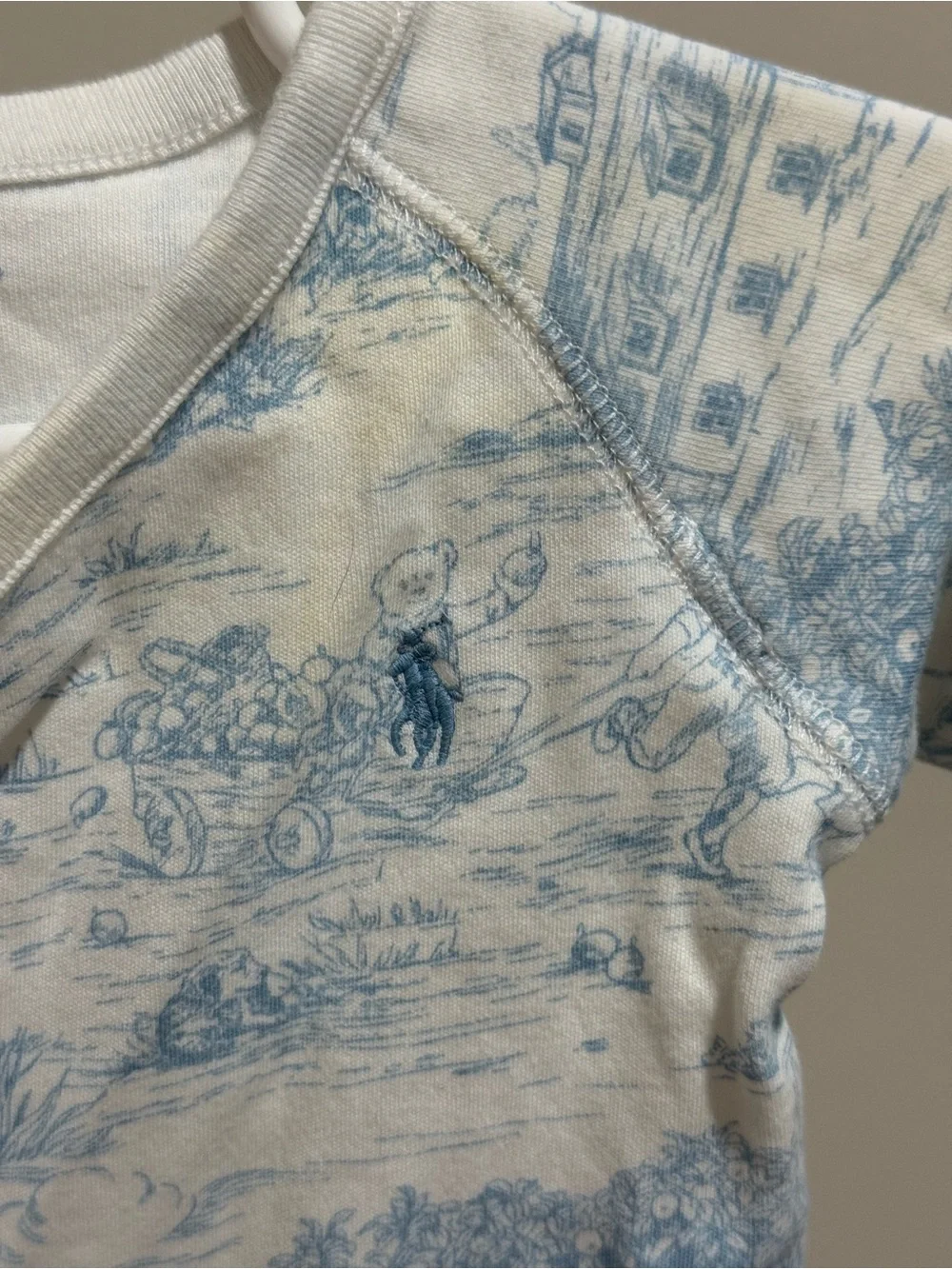Ralph Lauren Baby Girl 9M Blue Polo Bear Toile Wrap Bodysuit One Piece